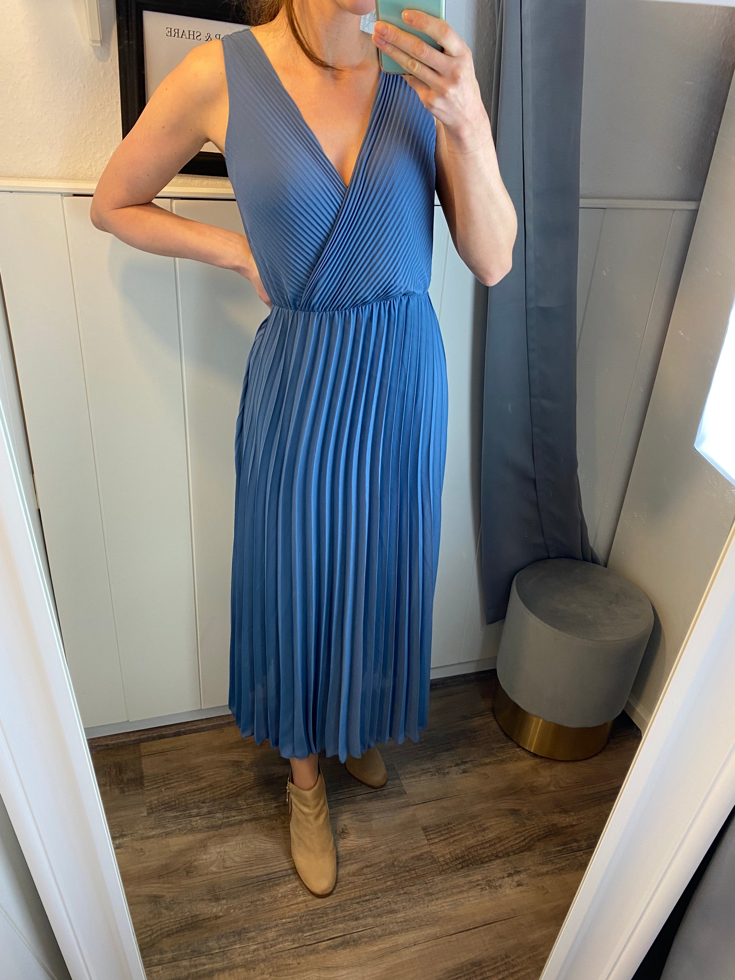 jeansblau Plissee Kleid - Gluecksboutique