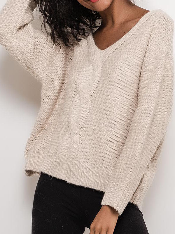 Wolle Zopfmuster Pullover Damen Beige Relaxed Fit Zopfstrick