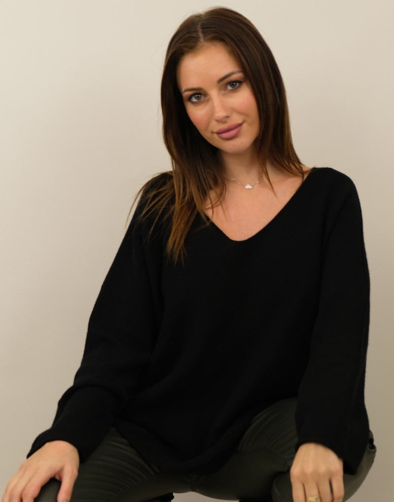 schwarz Pullover mit V Ausschnitt - Gluecksboutique®