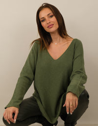 khaki Pullover mit V Ausschnitt - Gluecksboutique®