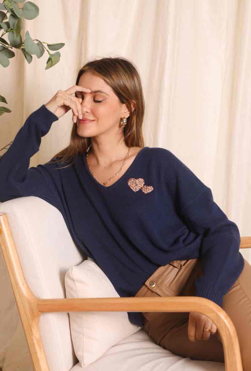 Pullover dunkelblau Herz - Gluecksboutique