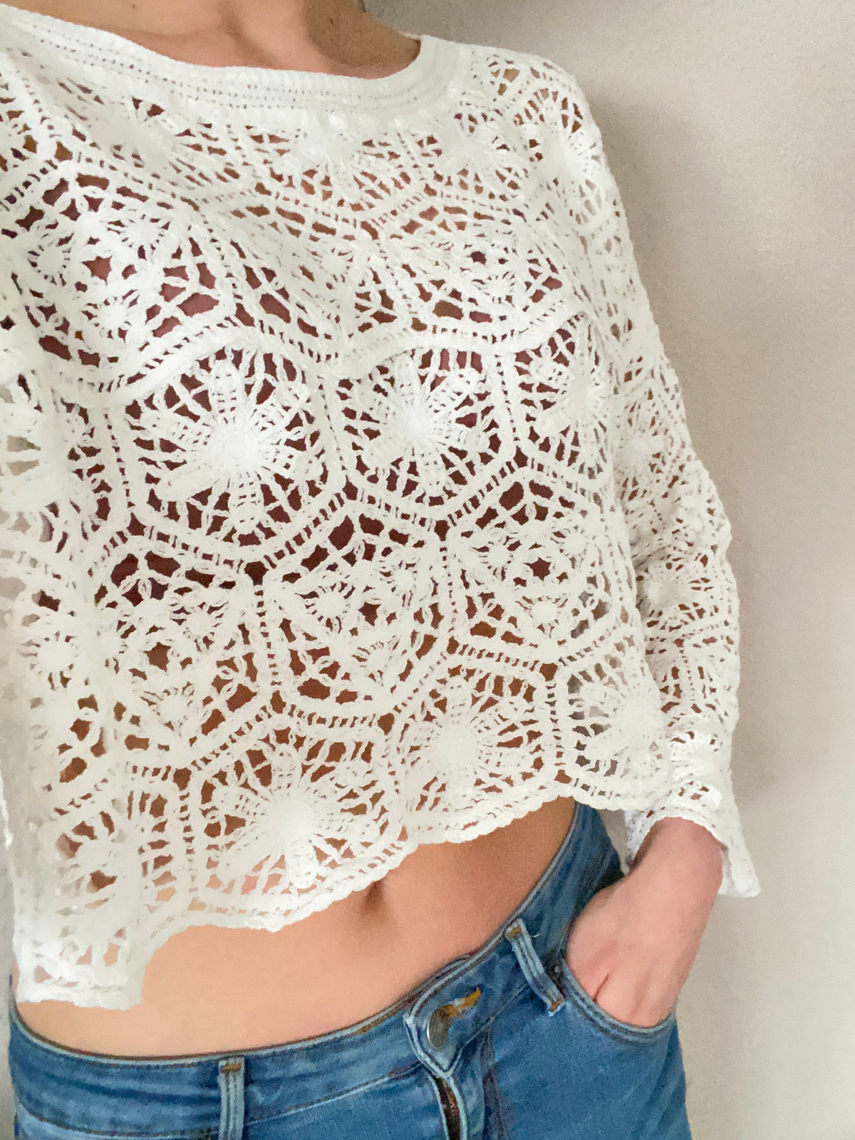 Langarm Häkel Oberteil weiß Gluecksboutique®