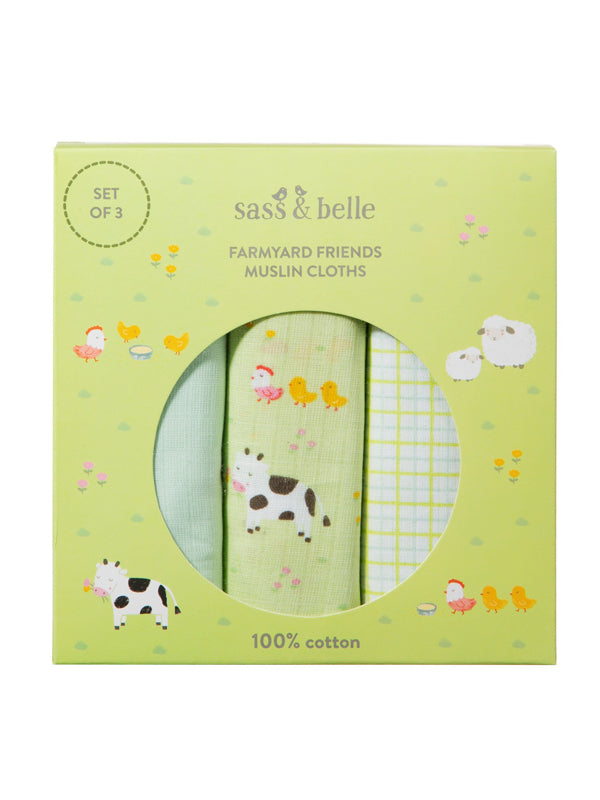 Sass & Belle Musselintuch Bauernhof 3er Set Baumwolle - Gluecksboutique®