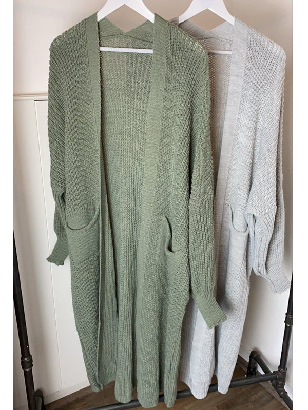 Maxi Strickjacke mit Taschen, olive - Gluecksboutique®