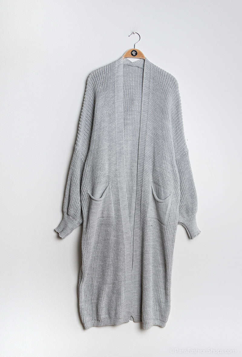Maxi Cardigan mit Taschen, hellgrau - Gluecksboutique®