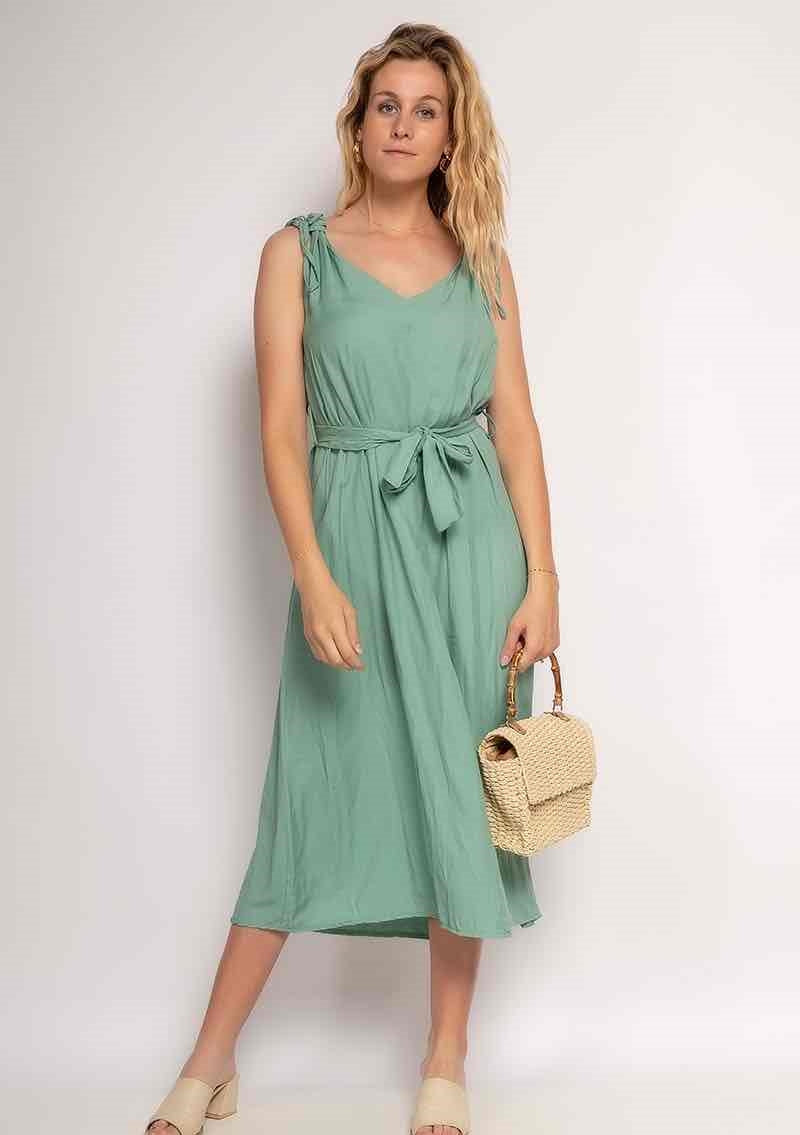 Midikleid mit Stoffguertel gruen - Gluecksboutique®