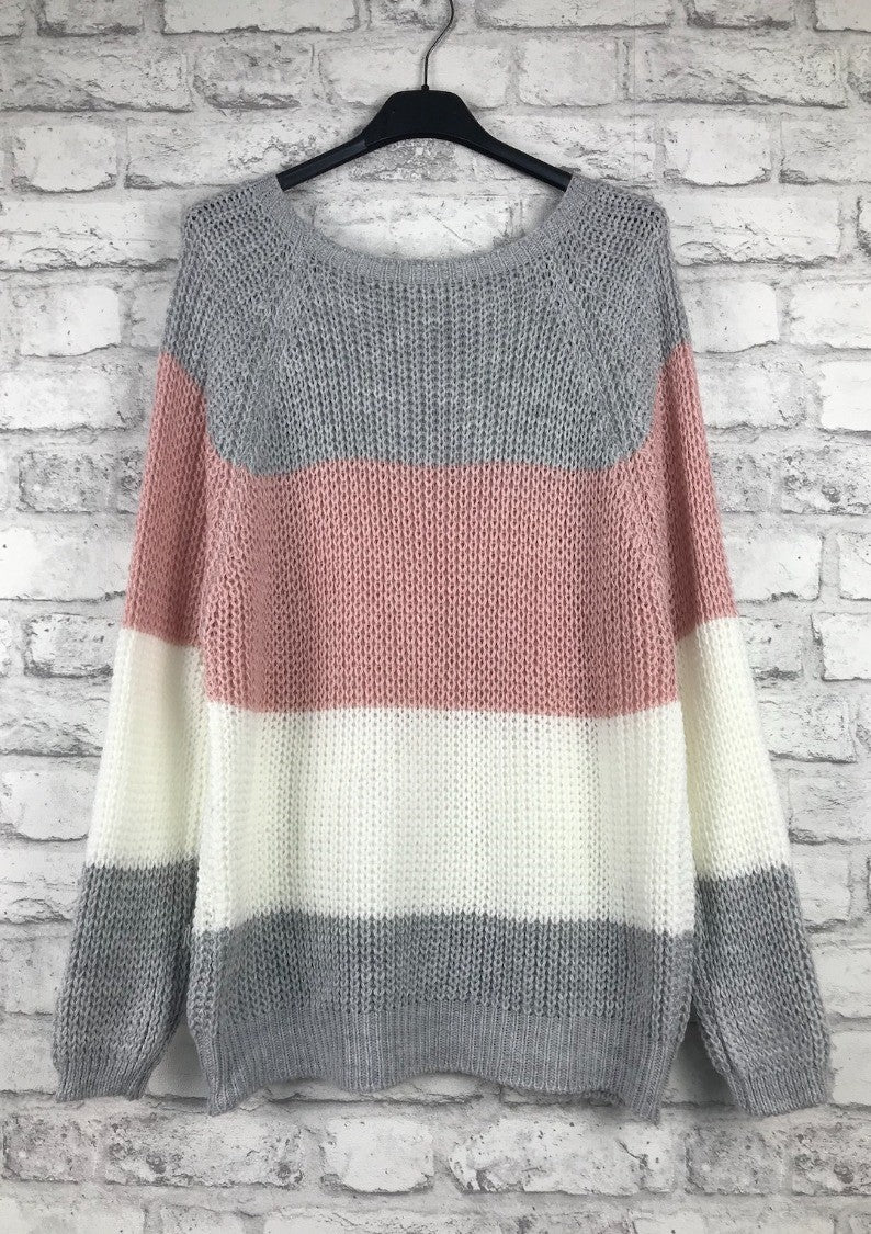 Rundhalspullover mit Streifen, vers. Farben - Gluecksboutique®