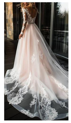 langarm Brautkleid  mit Spitze A Line Hochzeitskleid V-Neck - Gluecksboutique®