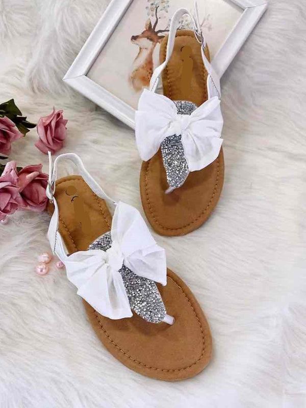Sandalen Zehentrenner mit Schleife in weiß - Gluecksboutique®